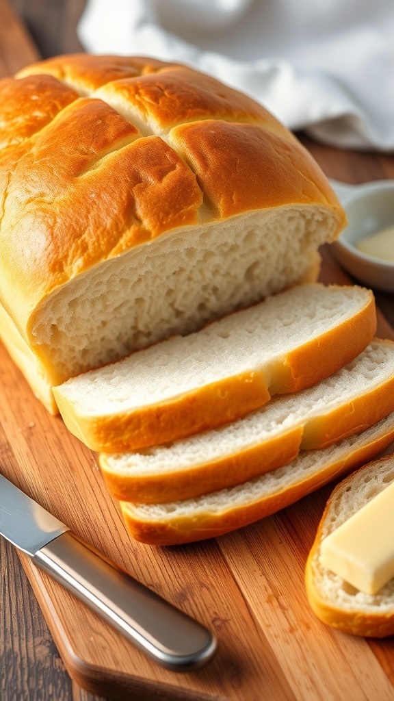 A loaf of fluffy sandwich bread sliced to show its soft texture, on a wooden board with butter.
